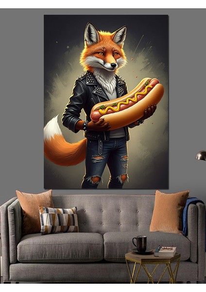 Hotdog Tutan Tilki Dekoratif Kanvas - Mdf Ahşap Tablo