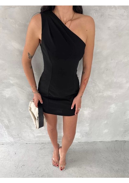 Tek Omuzlu Kolsuz Mini Boy Elbise - Siyah fırsatları