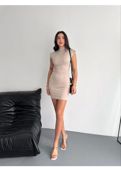 Yarım Bogazlı Kolsuz Mini Boy Elbise - Bej