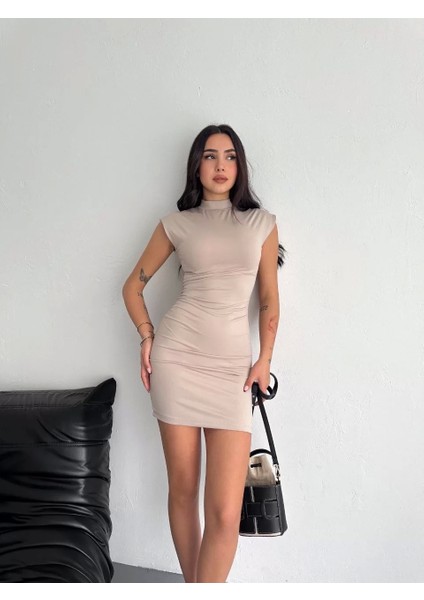 Yarım Bogazlı Kolsuz Mini Boy Elbise - Bej