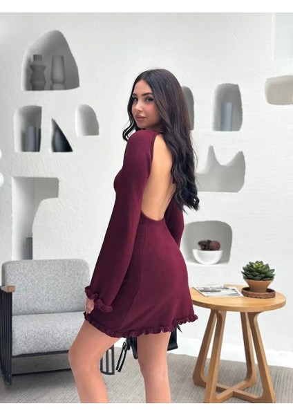 Sırt Pencereli Mini Triko Elbise - Bordo