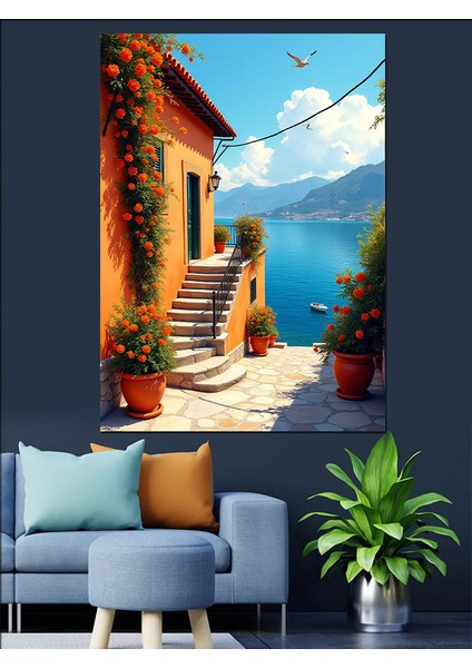 Akdeniz Ev Manzarası Dekoratif Kanvas - Mdf Ahşap Tablo