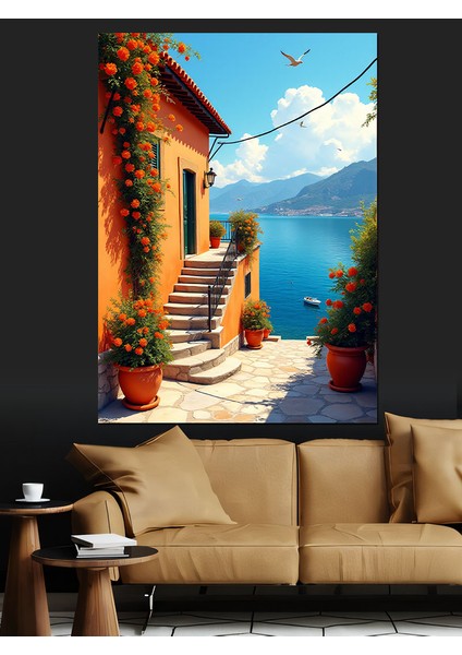 Akdeniz Ev Manzarası Dekoratif Kanvas - Mdf Ahşap Tablo fiyatları