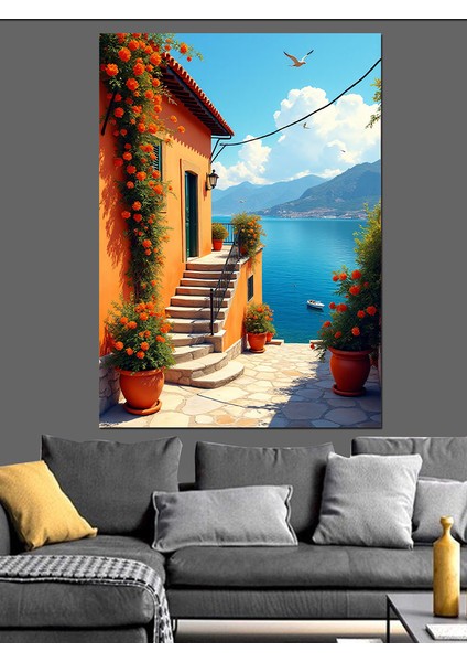 Akdeniz Ev Manzarası Dekoratif Kanvas - Mdf Ahşap Tablo fırsatları