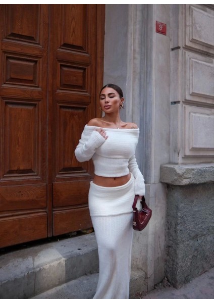 Straplez , Madonna , Carmen Yaka Croplu Uzun Etekli Ikili Takım Triko - Beyaz modelleri