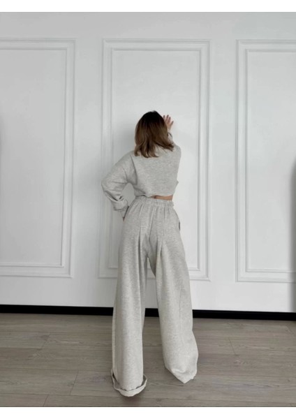 Uzun Kollu Önü Ip Büzgülü Crop ve Pantolon Ikili Takım - Gri modelleri