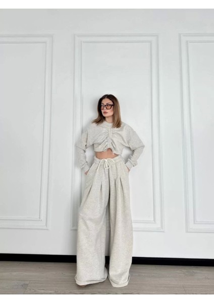 Uzun Kollu Önü Ip Büzgülü Crop ve Pantolon Ikili Takım - Gri fırsatları