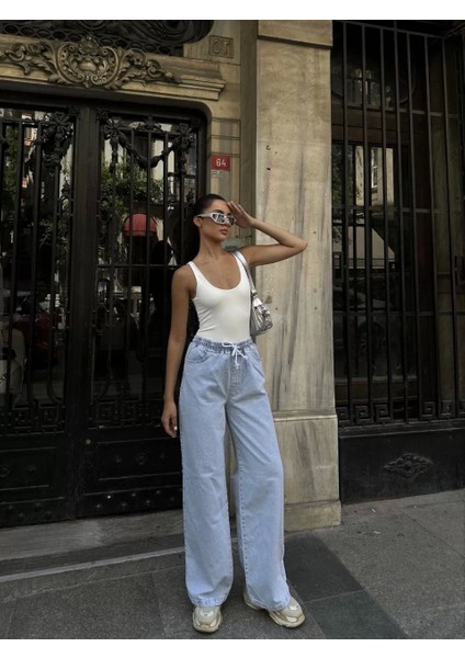 Kadın Arkadan Yırtmaçlı Jeans Kot Palazzo Pantolon - Mavi modelleri