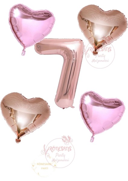 Rönesans Rose Gold Rakam Kalp ve Pembe Kalp Folyo Balon Seti Yaş 7
