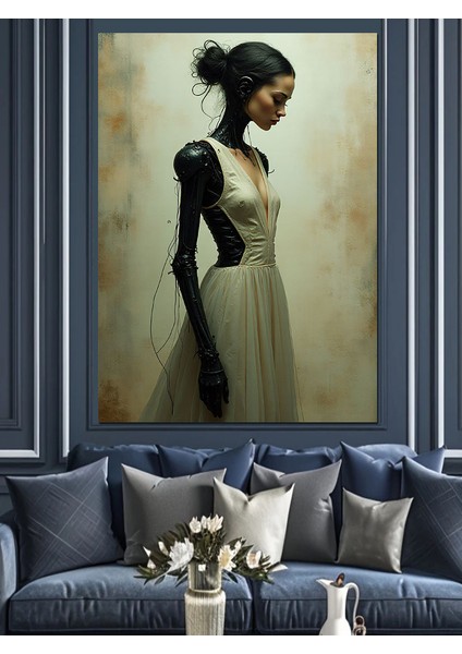 Omuzları Açık Siyah Elbiseli Kadın Dekoratif Kanvas - Mdf Ahşap Tablo
