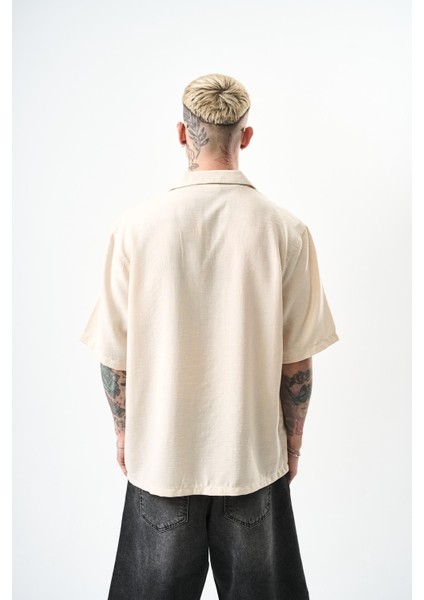 Erkek Zigzag Nakışlı Oversize Keten Gömlek Siyah