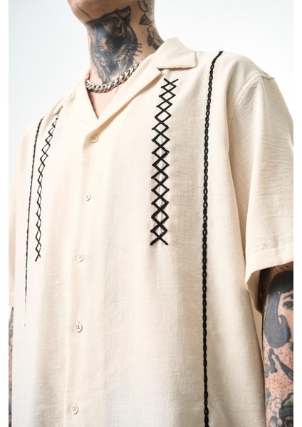 Erkek Zigzag Nakışlı Oversize Keten Gömlek Siyah