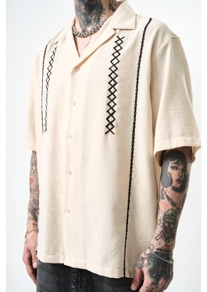 Erkek Zigzag Nakışlı Oversize Keten Gömlek Siyah