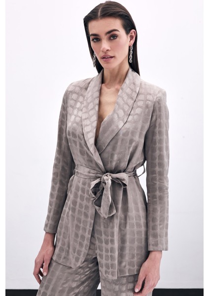 Kare Desenli Kuşaklı Ceket - Vizon modelleri