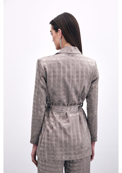 Kare Desenli Kuşaklı Ceket - Vizon indirimleri