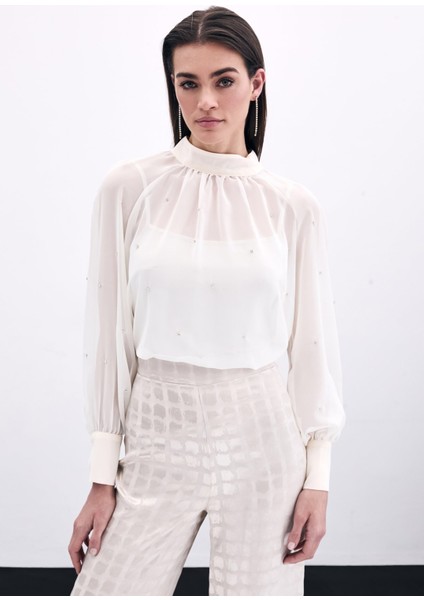 Taş Detaylı Transparan Bluz - Krem fiyatları