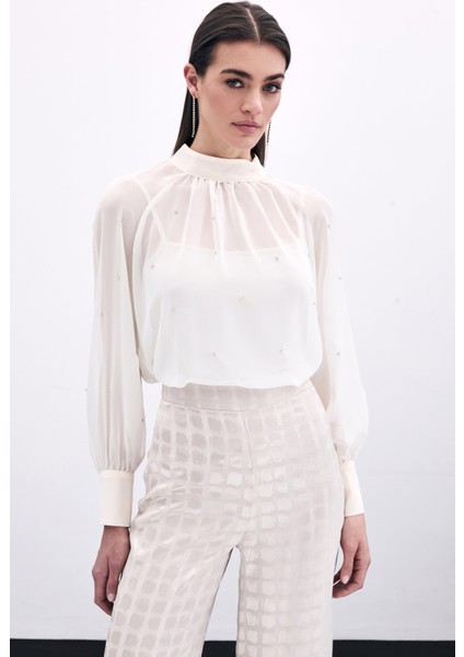 Taş Detaylı Transparan Bluz - Krem modelleri