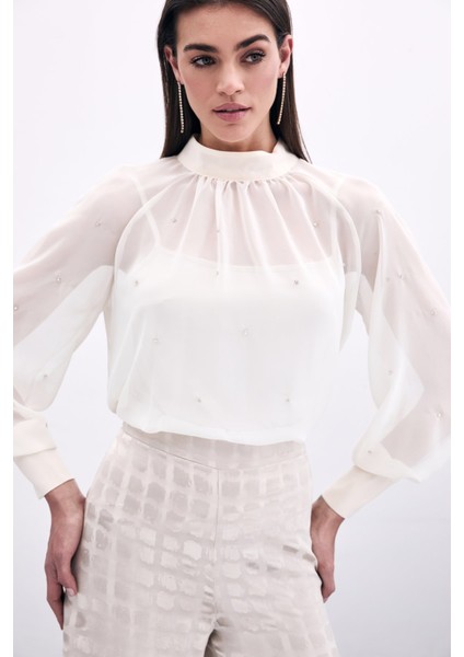Taş Detaylı Transparan Bluz - Krem fırsatları