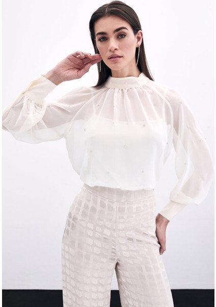 Taş Detaylı Transparan Bluz - Krem indirimleri