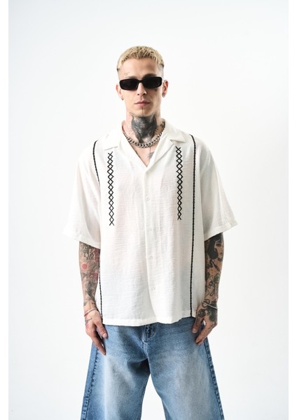 Erkek Zigzag Nakışlı Oversize Keten Gömlek Siyah