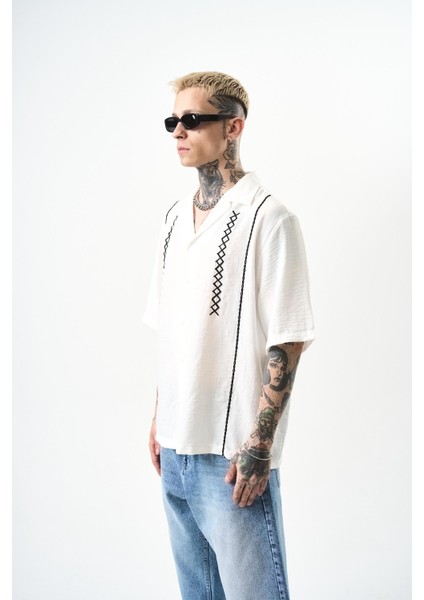 Erkek Zigzag Nakışlı Oversize Keten Gömlek Siyah