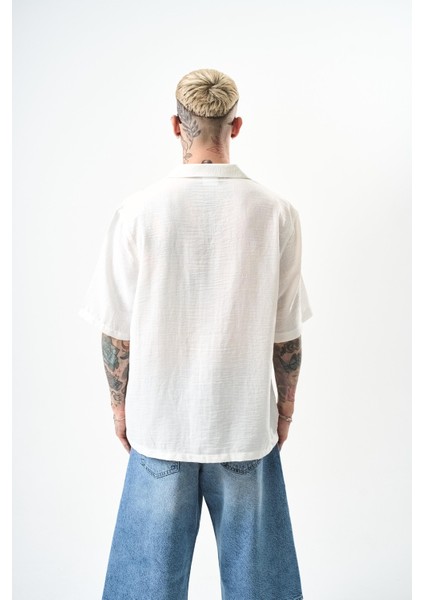 Erkek Zigzag Nakışlı Oversize Keten Gömlek Siyah