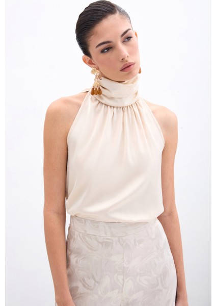 Boğazlı Kolsuz Bluz - Bej fiyatları