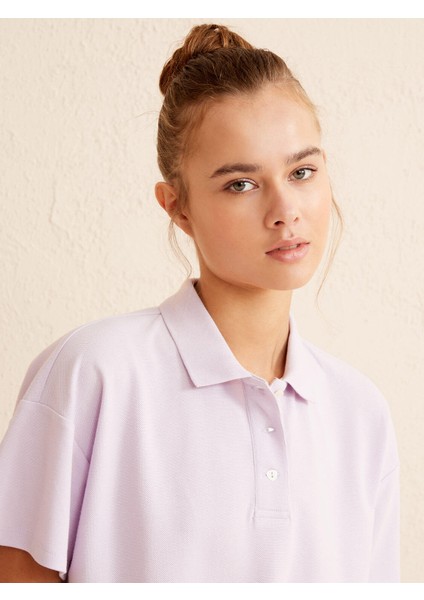 Kadın Lila Oversize Pamuklu Polo Yaka Basic Tişört