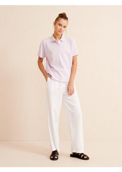 Kadın Lila Oversize Pamuklu Polo Yaka Basic Tişört fiyatları