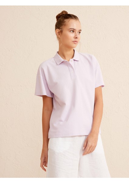 Kadın Lila Oversize Pamuklu Polo Yaka Basic Tişört modelleri
