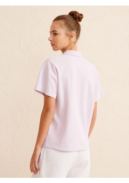 Kadın Lila Oversize Pamuklu Polo Yaka Basic Tişört fırsatları