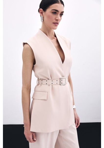 Kemerli Uzun Yelek - Bej