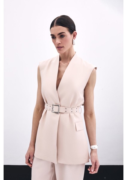 Kemerli Uzun Yelek - Bej modelleri