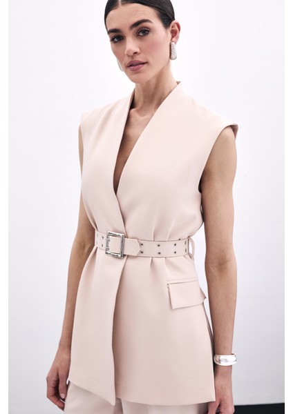 Kemerli Uzun Yelek - Bej fırsatları