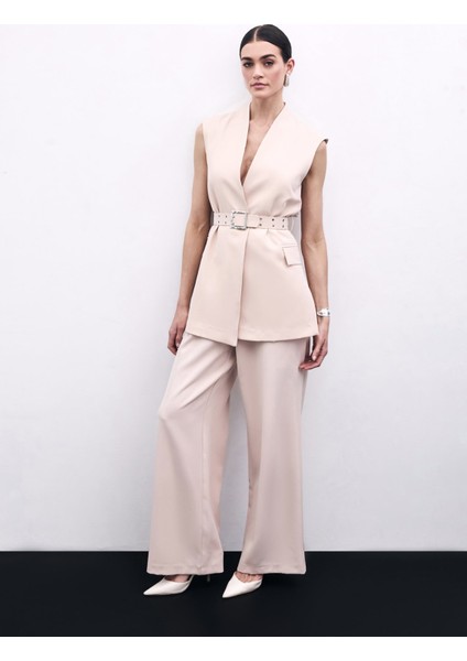 Kemerli Uzun Yelek - Bej indirimleri