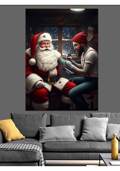 Dövme Yaptıran Noel Baba Dekoratif Kanvas - Mdf Ahşap Tablo