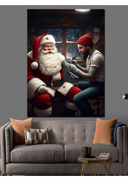 Dövme Yaptıran Noel Baba Dekoratif Kanvas - Mdf Ahşap Tablo