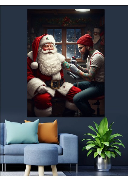Dövme Yaptıran Noel Baba Dekoratif Kanvas - Mdf Ahşap Tablo