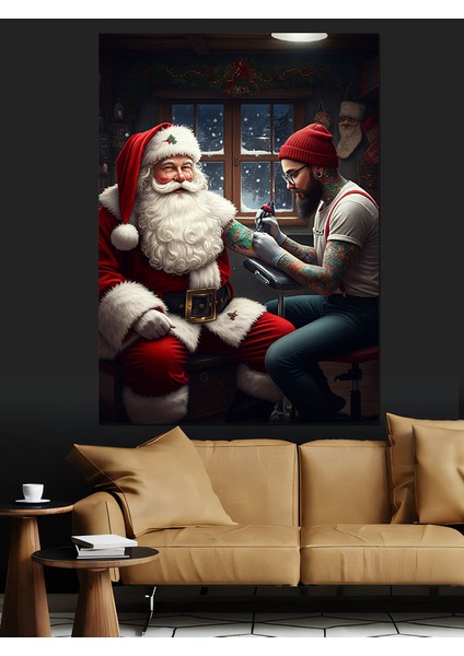 Dövme Yaptıran Noel Baba Dekoratif Kanvas - Mdf Ahşap Tablo