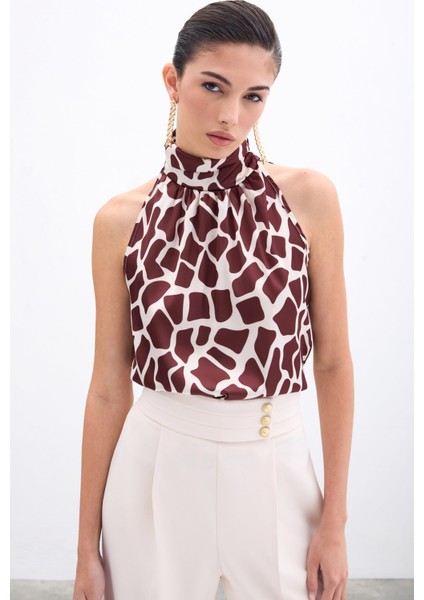 Boğazlı Kolsuz Bluz - Bej-Kahve fırsatları