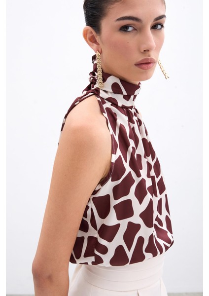 Boğazlı Kolsuz Bluz - Bej-Kahve indirimleri