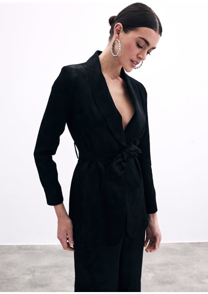 Bağlamalı Jakarlı Ceket - Siyah