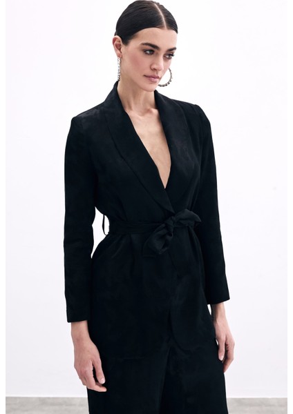 Bağlamalı Jakarlı Ceket - Siyah modelleri