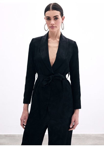 Bağlamalı Jakarlı Ceket - Siyah indirimleri