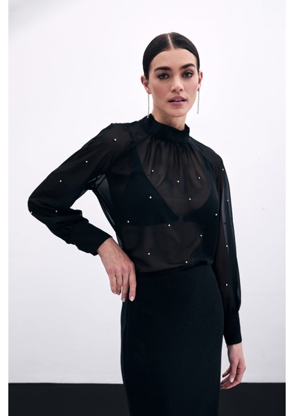 Taş Detaylı Transparan Bluz - Siyah