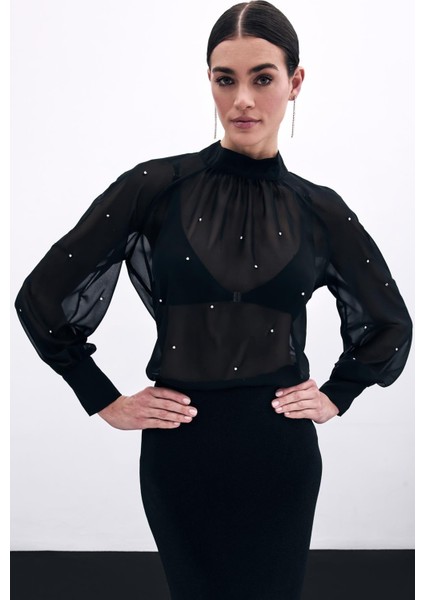 Taş Detaylı Transparan Bluz - Siyah modelleri