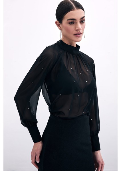 Taş Detaylı Transparan Bluz - Siyah fırsatları