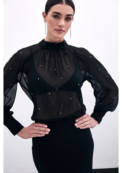 Taş Detaylı Transparan Bluz - Siyah indirimleri