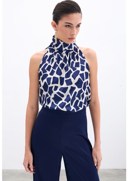 Boğazlı Kolsuz Bluz - Bej-Lacivert fiyatları