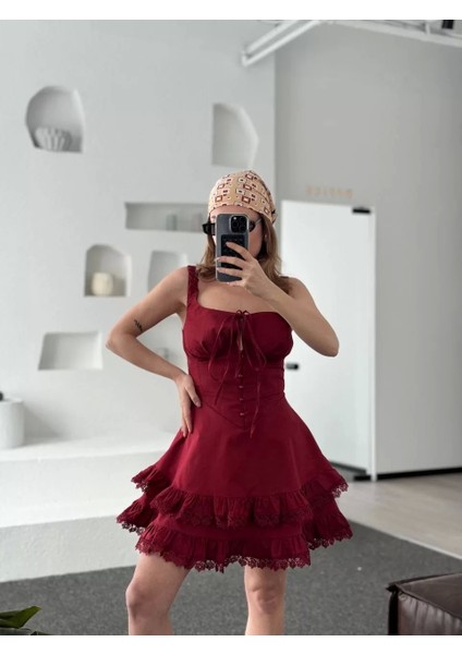 Mini Askılı Elbise - Bordo